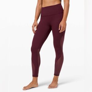 Lululemon Wunder Under High-Rise Leggings Burgundy Red with Sheer *Chiffon Mesh
